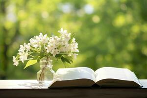 AI generated Jasmine flowers in a vase and open book on the table, green natural background. AI Generated photo