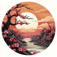 AI generated Cherry blossoms in the sunset background. Japanese tattoo style. AI Generated photo