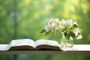 AI generated Jasmine flowers in a vase and open book on the table, green natural background. AI Generated photo