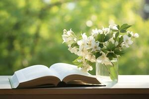 AI generated Jasmine flowers in a vase and open book on the table, green natural background. AI Generated photo