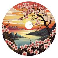 AI generated Cherry blossoms in the sunset background. Japanese tattoo style. AI Generated photo