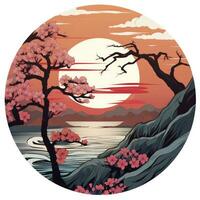 AI generated Cherry blossoms in the sunset background. Japanese tattoo style. AI Generated photo