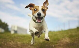 AI generated Jack Russel Parson Dog Run Toward The Camera Low Angle High Speed Shot. AI Generated photo