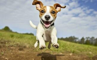 AI generated Jack Russel Parson Dog Run Toward The Camera Low Angle High Speed Shot. AI Generated photo