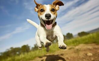 AI generated Jack Russel Parson Dog Run Toward The Camera Low Angle High Speed Shot. AI Generated photo