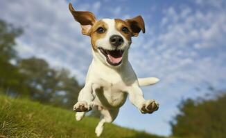 AI generated Jack Russel Parson Dog Run Toward The Camera Low Angle High Speed Shot. AI Generated photo