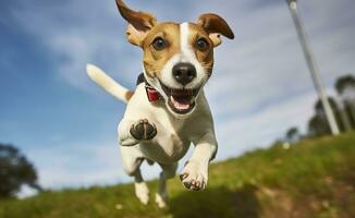 AI generated Jack Russel Parson Dog Run Toward The Camera Low Angle High Speed Shot. AI Generated photo