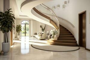 AI generated The interior design of the modern entrance hall with a staircase in the villa. AI Generated photo