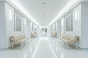 AI generated Interior design of a modern luxurious white building corridor or hallway with waiting seat. AI Generated photo