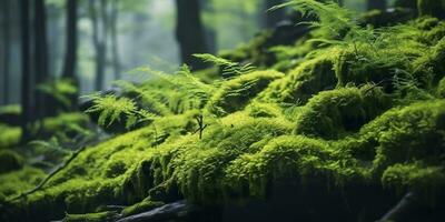 AI generated Green moss closeup, with a backdrop of woodland.  Forest in the national park. AI Generated photo