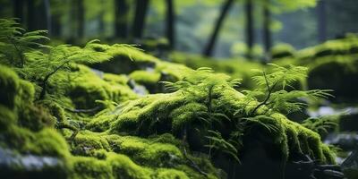 AI generated Green moss closeup, with a backdrop of woodland.  Forest in the national park. AI Generated photo