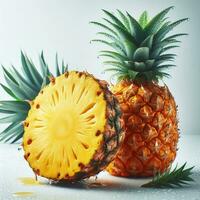 AI generated Slice pineapple, ripe pineapple fruit, pineapple with drops photo