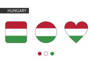 Hungary 3 shapes square, circle, heart with city flag. Isolated on white background. vector