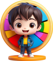 AI generated a cartoon boy standing in front of a wheel with colorful wheel png