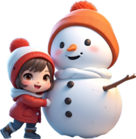 AI generated cartoon children in winter clothes with snowman png