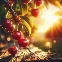 AI generated Ripe cherry fruit on tree photo