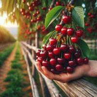 AI generated Ripe cherry fruit on tree photo