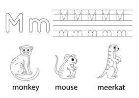 Trace uppercase and lowercase letter M. Animal alphabet for kids. vector