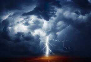 AI generated Lightning strikes on a cloudy dramatic stormy sky. AI Generated photo