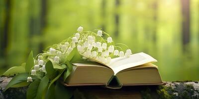 AI generated Lily of the Valley flowers and old books in the forest, green natural background. AI Generated photo