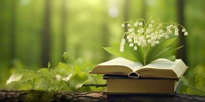 AI generated Lily of the Valley flowers and old books in the forest, green natural background. AI Generated photo