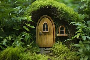 AI generated Little magic wooden fairy doors and plants leave on a mossy natural green background. AI Generated photo