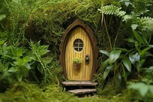 ai generado pequeño magia de madera hada puertas y plantas salir en un cubierto de musgo natural verde antecedentes. ai generado foto