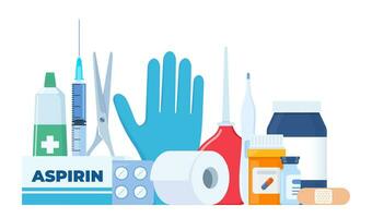 First Aid Kit elements, set. Medical help items. Plasters, pills, bandage, aspirin, thermometer, gloves, syringe, painkiller. Elements for medical infographics. Vector illustration.