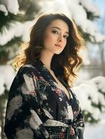 AI generated A Japanese super elegant and poised beautiful model in the winter forest. High quality. AI Generative photo