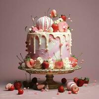AI generated Pink birthday cake with berries on the pink background. High-resolution. AI Generative photo