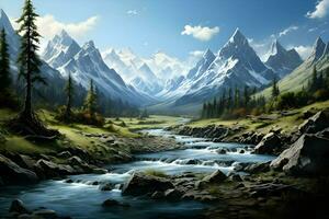 AI generated Peaceful landscapes with mountains and river highly detailed. High-resolution. AI Generative photo