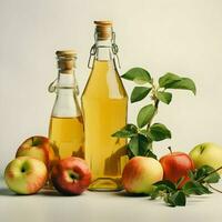 AI generated Apple juice in glass bottles with apples around on the light background. High-resolution. AI Generative photo