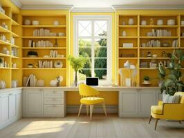 ai generado amarillo elegante hogar oficina con estantería y un escritorio. alto calidad. ai generativo foto