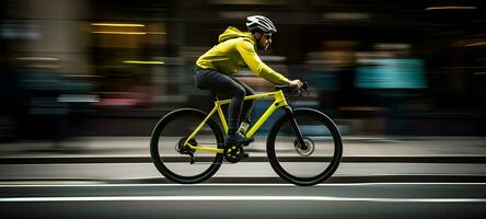 ai generado lado perfil fotografía de un masculino jinete en un amarillo bicicleta. alto calidad. ai generativo foto