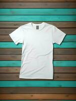 AI generated A mockup of a plain white t-shirt on a blue and brown wood background. High-resolution. AI Generative photo