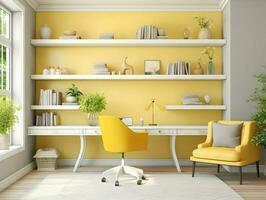 AI generated Yellow stylish home office with shelves and a desk. High quality. AI Generative photo