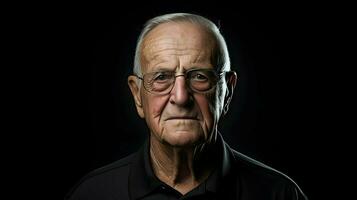 AI generated A portrait of an old moody man with dark brown eyes with glasses on a dark background. High quality. AI Generative photo