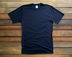 AI generated A mockup of a plain navy t-shirt on a wood background. High quality. AI Generative photo