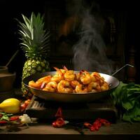 AI generated A pineapple next to a wok filled with fried shrimp on the frying pan. High quality. AI Generative photo