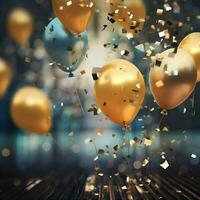 AI generated New year balloons and shiny confetti falling down. High-resolution. AI Generative photo
