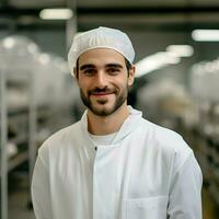 ai generado un joven sonriente trabajador en comida producción. alta resolución. ai generativo foto