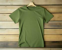 AI generated A mockup of a plain green t-shirt on a wood background. High quality. AI Generative photo