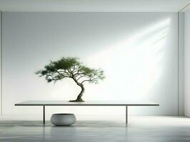 ai generado el mesa y el árbol bonsai en el blanco antecedentes minimalismo alto calidad. ai generativo foto