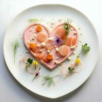 AI generated White plate with elegant modern food lying in the heart shape. Saint Valentine's Day. High quality. AI Generative photo