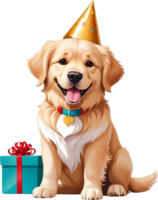 ai gerado uma desenho animado cachorro vestindo uma aniversário chapéu e caixa de presente png