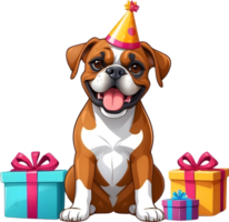 ai généré une dessin animé chien portant une anniversaire chapeau et boite cadeau png