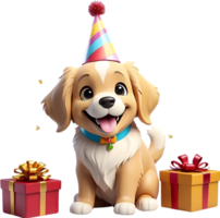 ai generato un' cartone animato cane indossare un' compleanno cappello e pacco regalo png