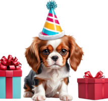 ai généré une dessin animé chien portant une anniversaire chapeau et boite cadeau png