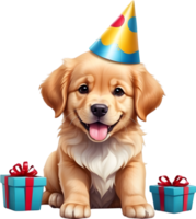 ai gegenereerd een tekenfilm hond vervelend een verjaardag hoed en giftbox png