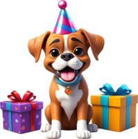 ai generado un dibujos animados perro vistiendo un cumpleaños sombrero y caja de regalo png